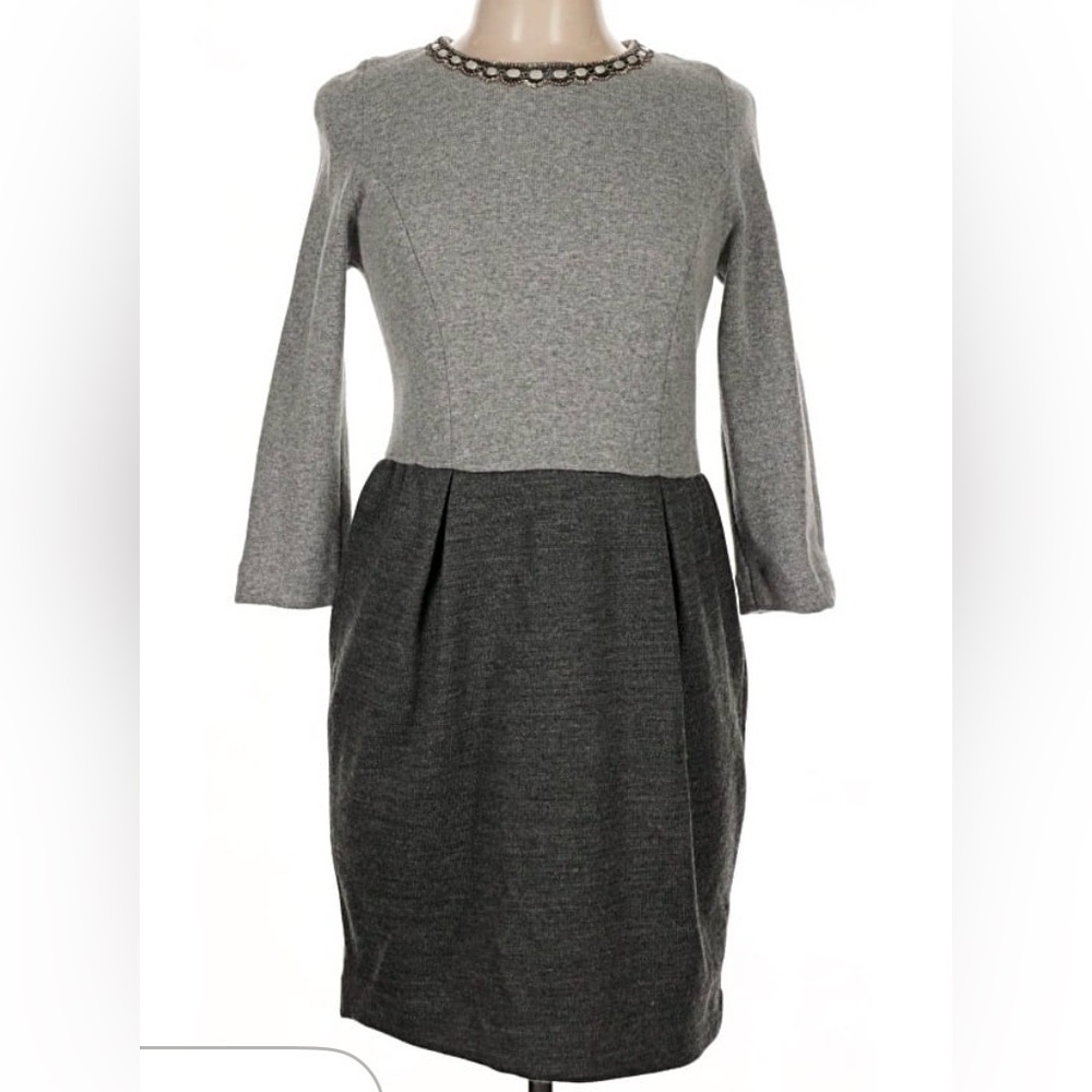 Sandro Two-Tone Gray Wool Dress with Embellished Collar